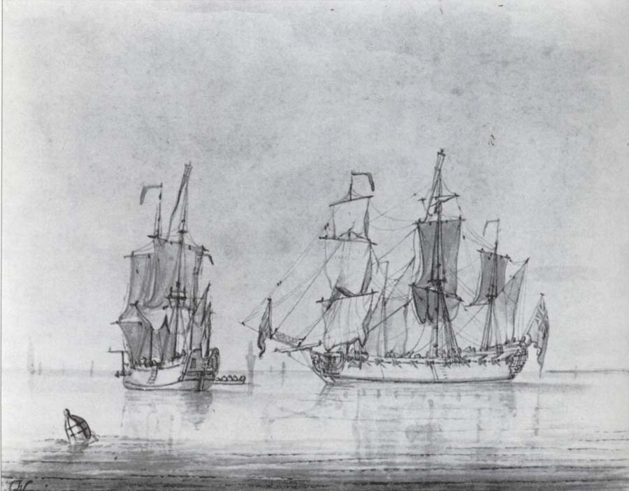 A drawing of a small British Sixth-rate warship in two positions